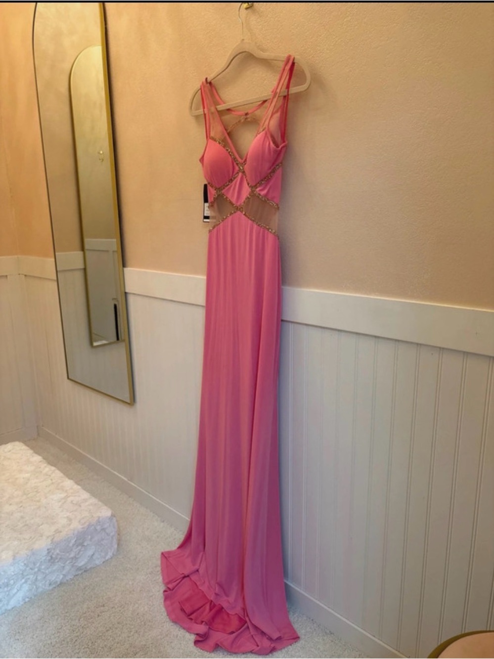 La Femme Pink Beaded Trim Evening Dress